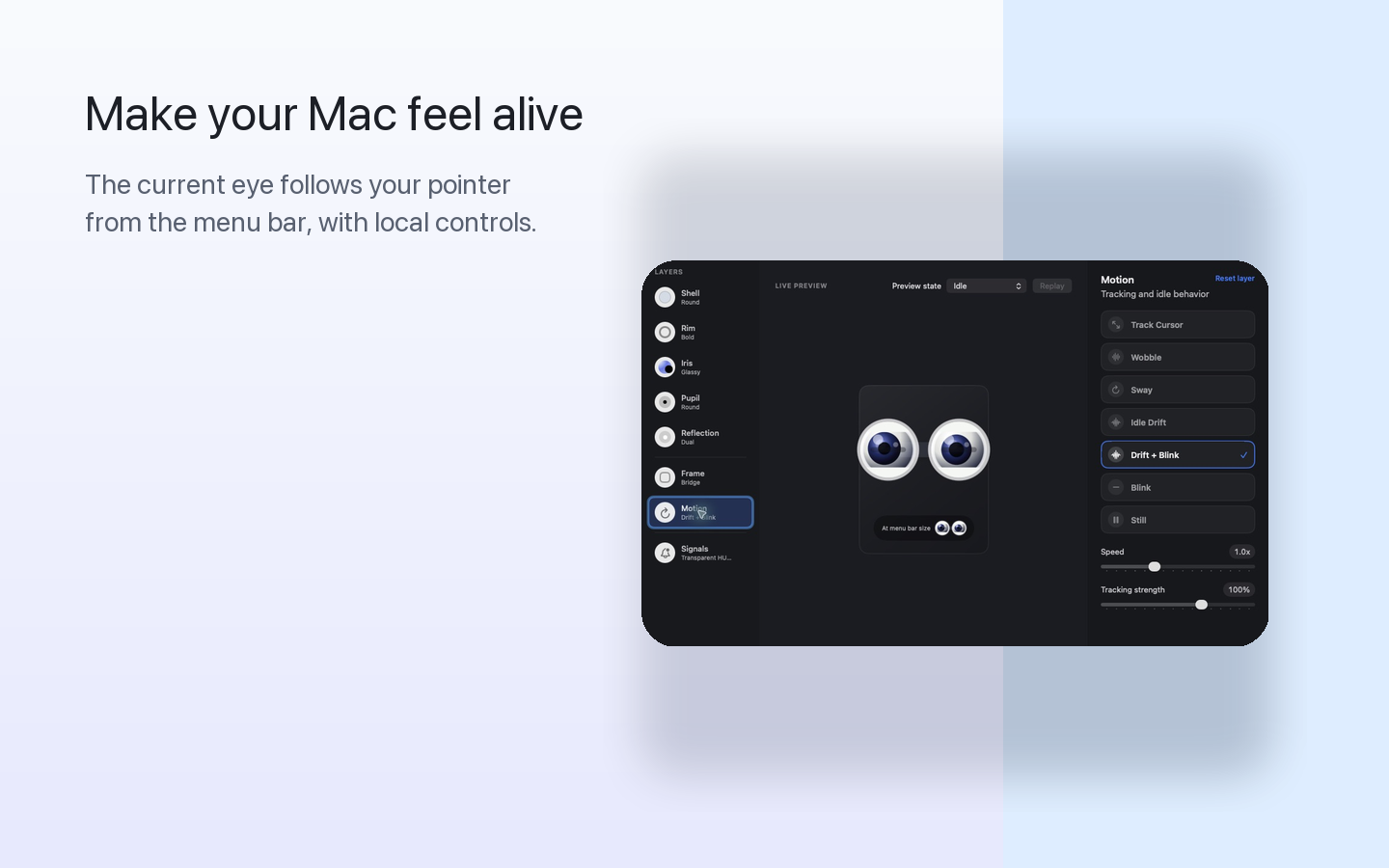 Eyelet Eye Studio showing the live eye preview and motion controls