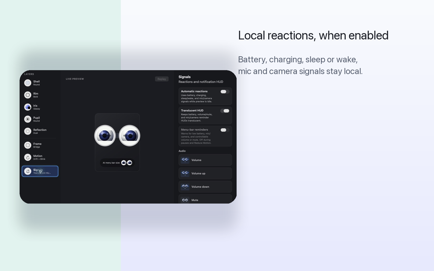 Eyelet Signals settings showing automatic reaction and reminder controls