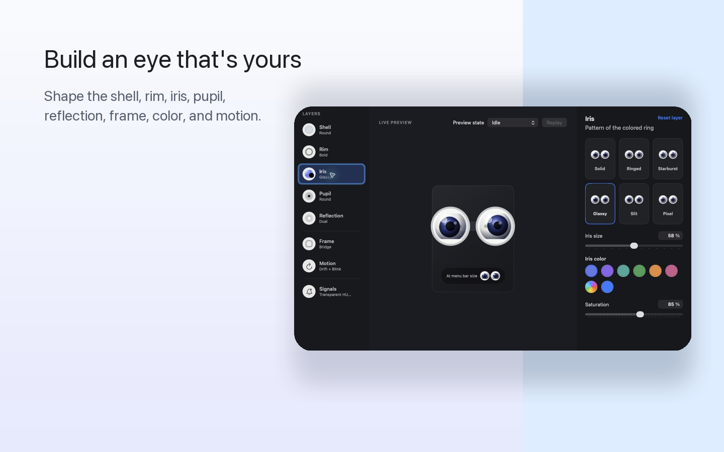 Eyelet Eye Studio showing iris patterns, color controls, and a live eye preview