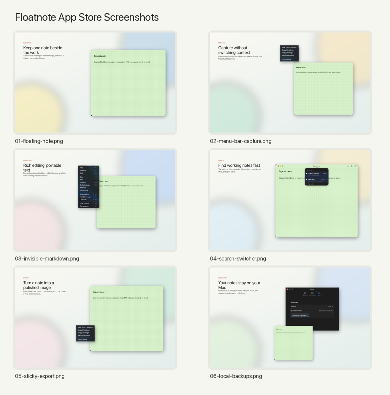 Floatnotes release candidate screenshots showing floating notes, menu bar capture, invisible Markdown, search, export, and local backups