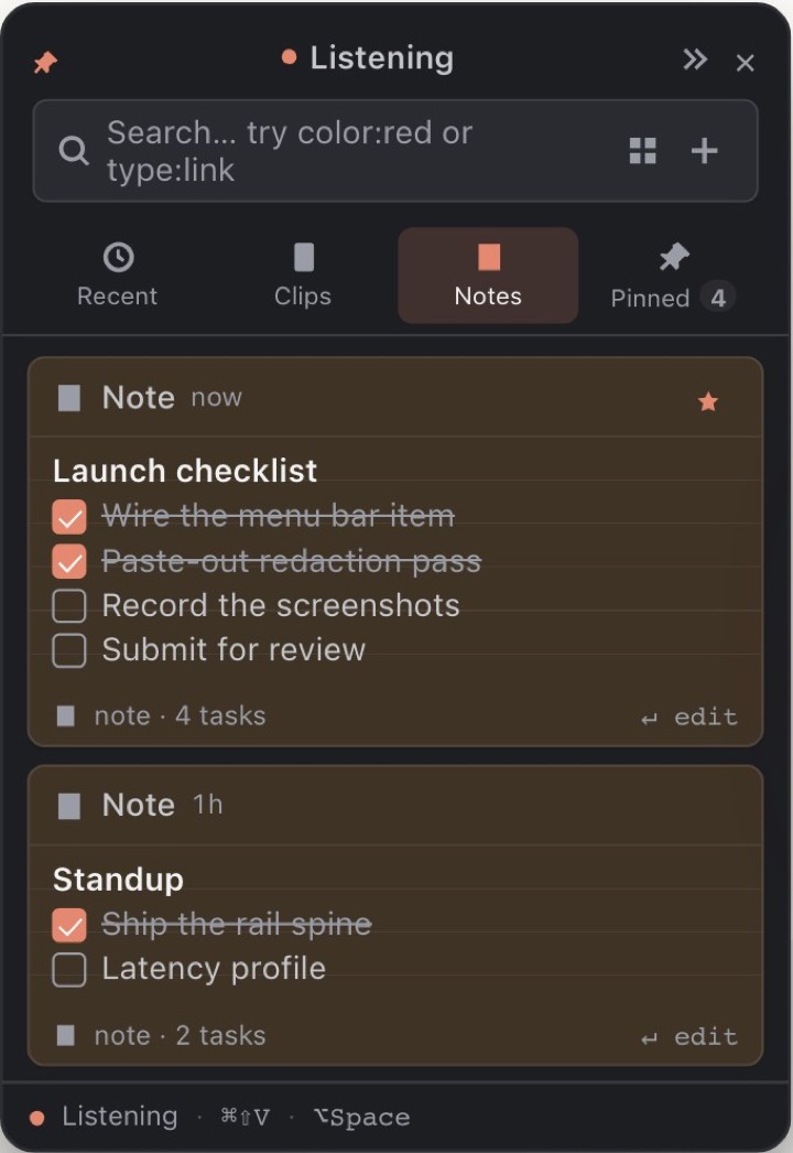 Marzin rail showing Markdown checklists in dark appearance